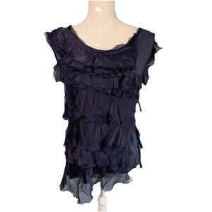 Ruffle Layered Silk Made in Italy Navy Blue Sleeveless Top No Size Asymmetrical